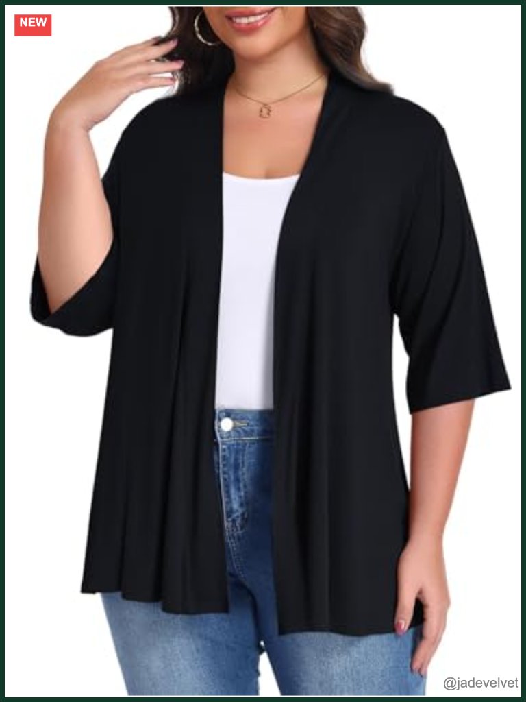 Women's Plus Size Elbow Sleeve Open Front Cardigan Lightweight Cover Up